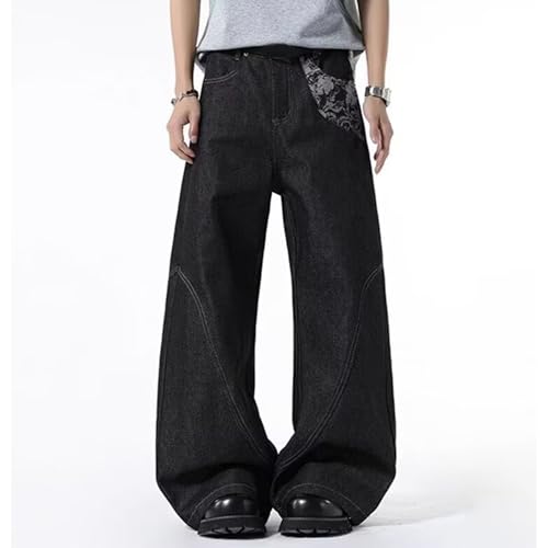 Barrel Jeans Men Patchwork Flower Skater Denim Pants Streetwear High Waist Barrel Leg Bottoms Loose Fit Relaxed Floral2