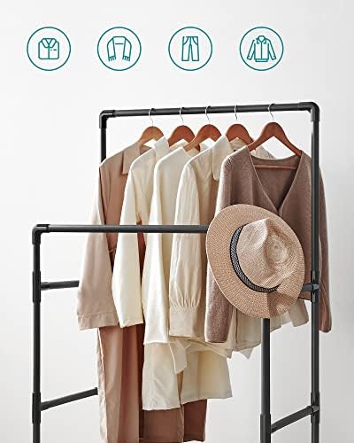 SONGMICS Clothes Rail, Clothes Rack, Clothing Drying Rail, Metal Stand with 2 Hanging Rails and Storage Shelf, Max. Load 55 kg, Easy Assembly, Black RDR001B02