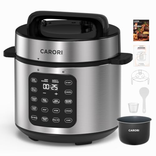 Image of CARORI 6 Qt Electric Pressure Cooker, 9-in-1 Multi-Cooker with IMD Touchscreen, 24H Delay Start, Nonstick Ceramic Pot, Rice Cooker, Slow Cooker, Steamer, Saute, Silver
