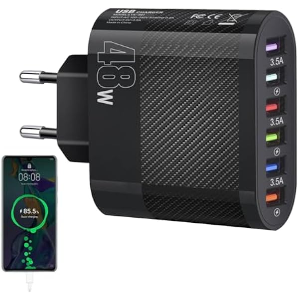 Ładowarka | Kompaktowa ładowarka ścienna USB do telefonu, ładowarka USB 48 W z 6 portami - 3,5 A ładowarka do laptopa podróżnego do telefonów komórkowych, tabletów