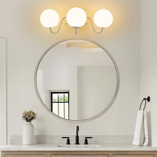 Image of Vintage Brushed Nickel Bathroom Vanity Light Fixtures Over Mirror 3 Lights