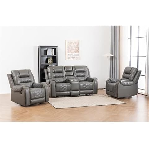 Kingway Furniture Ilyiano Two Tone Faux Leather 3-Piece Livingroom Reclining Set in Gray Cover