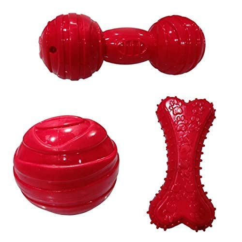 Image of Dog Combo Pack of Red Bone + Ball + Red Dumbell Rubber Chew Toy Ideal for Chewing Dogs and Puppies (Red)