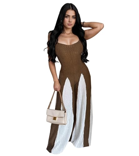 PORRCEY Women Sexy Elegant Deep V Neck Wide Leg Jumpsuit(K7502,Brown,S)
