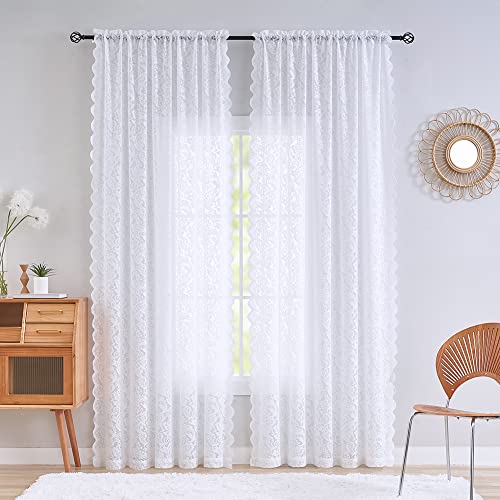 Aligogo Lace Curtains 96 Inches Long-French Country Lace Sheer Curtains Farmhouse Floral Window Panel For Old House Set Of 2, 52 W X 96 L Inch,White #TOP2