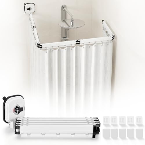 Duschvorhang Ohne Bohren,Kraftvoller Saugnapf,Faltbare Duschvorhangstange Mit Saugnapf,Duschvorhangstange L/U Form Für Eckdusche,Shower,Weiß(5-Fold,190Cm)