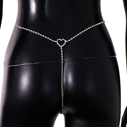 Rhinestone Heart Waist Body Chain Jewelry Heart Crystal Thong Panties G String Brief Rhinestone Thong Bikini Crystal Waist Belly Chain For Women (Silver) #TOP3