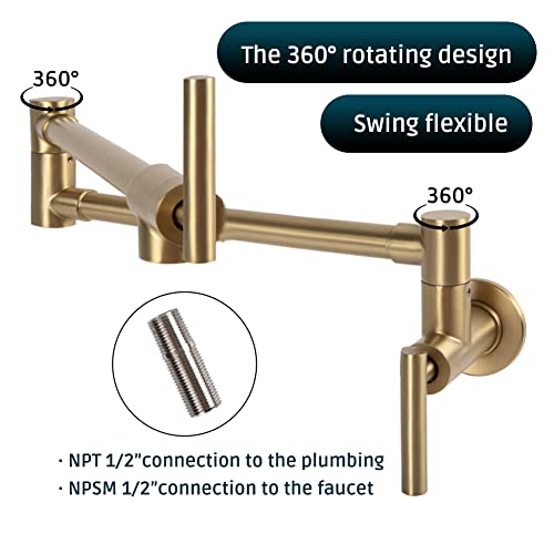 Allkorma Pot Filler Faucet Brushed Gold, Wall Mount Kitchen Stainless Steel Faucets, 26.8" Folding Stretchable Faucet, 2 Joint Swing Arm With 2 Handles #TOP4