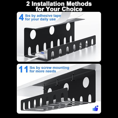 Organizador de cables bajo escritorio para oficina y hogar con clips de montaje y adhesivo de pared (Negro, 16 x 4 x 3 pulgadas, Agujero circular para cables finos) miniatura 7