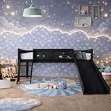 CHALETPOSH Low Loft Bed with Slide, Climbing Ladder, Chalkboard, Wood Twin Loft Bed Frame with Guardrail for Kids Toddler Boys Girls, Black