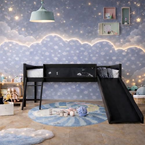 CHALETPOSH Low Loft Bed with Slide, Climbing Ladder, Chalkboard, Wood Twin Loft Bed Frame with Guardrail for Kids Toddler Boys Girls, Black