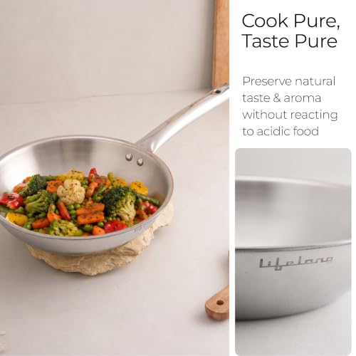 Image of Lifelong Tri Ply Fry Pan - 22 cm Stainless Steel Frying Pan with 1.25 Litre Capacity - Induction & Gas Compatible Cookware - Durable, Even Heating for Searing, Frying, and Sauteing (Silver)