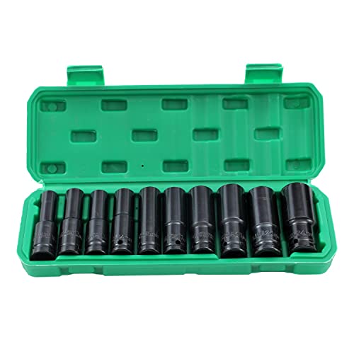 KATSU 1/2" klucz nasadowy udarowy 10 sztuk, 10mm-24 mm metryczny zestaw kluczy nasadowych głęboko udarowych, narzędzie mechaniczne naprawa silników ciężarowych (Budget)