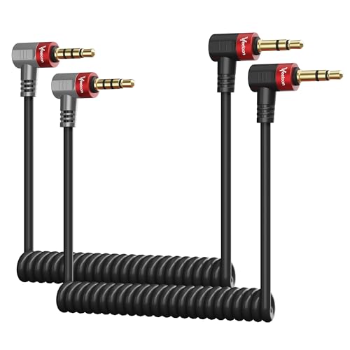 Veeloon Coiled Retractable 3.5mm Aux TRS to 4 Pole TRRS Microphone Audio Patch Cable 20 Inch 2 Pack 90 Degree Angled Mic Adapter Cord for Rode SC7 VideoMic VideoMicro Go BOYA & More External Mic