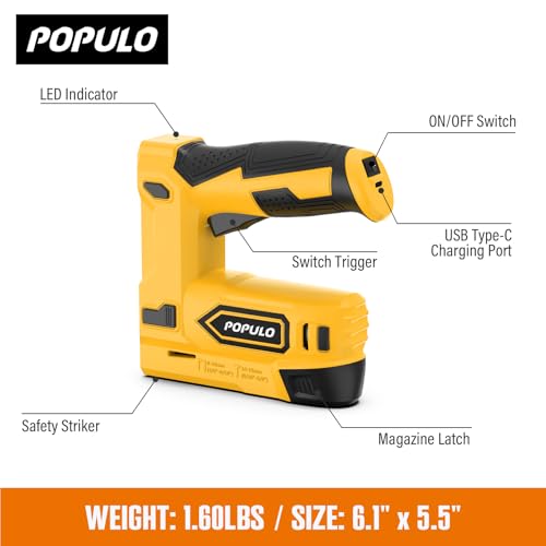 POPULO Electric Staple Gun, 4V Cordless Battery Powered Staple Gun, 2-in-1 Electric Stapler & Brad Nailer with 2600 Staples & Nails, USB-C Rechargeable for Upholstery, Wood, Crafts & DIY, Yellow by populo - Image 8