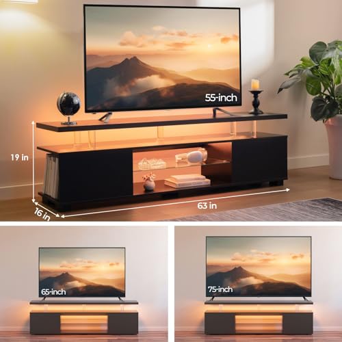 Image of Cubehom Black TV Stand for 70 inch TV, LED Entertainment Center with Storage | Adjustable LED Lighting, Acrylic Columns, Glass Shelf, Spacious Storage, Modern TV Cabinet for Living Room