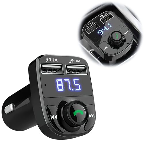 Bluetooth Car Adapter FM Transmitter with Hands-Free Calling, Wireless Car Bluetooth MP3 Player with Dual USB Fast Charger 5V/3.1A & 1A, Support SD Card USB Disk, Built-in Mic, LED Display Car Accesso