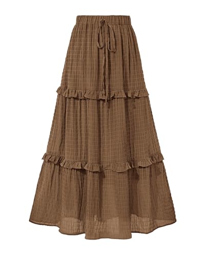 BTFBM Women's Long Summer Skirt 2026 Elegant High Waist Cocktail Party Wedding Guest Dress Flared A-Line Midi Skirts(Brown,Large)