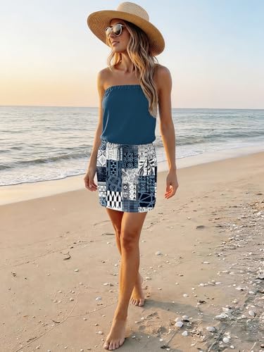 Image of SAUKOLE Summer Dress for Women Strapless Beach Cover Ups Boho Sundress Mini Dress Drawstring Waist with Pockets