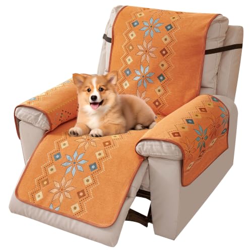 OTOB Boho Recliner Chair Covers Chenille All Seasons, Washable Non Slip Recliner Couch Slipcover for Dogs Cats Pets, Printed Lazy Chair Cover Furniture Protector with Elastic Straps (Orange, 22")