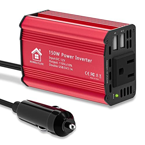 HOMELYLIFE 150W Car Power Inverter DC12V to 110V AC Outlet Car Converter with 3.1A Dual USB Portable Car Adapter for Plug Outlet