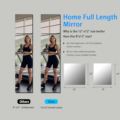 Image of SUNQUEEN 12 inch x 12 inch Glass Mirror Tiles for Wall - Frameless Full Length Mirror Wall Mounted, Full Body Mirror for Bedroom Home Gym Door & Bathroom (4-Pack) Square, White
