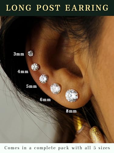 5 Pairs Extra Long Post Earrings 316L Stainless Steel Stud Earrings for Women Hypoallergenic Cubic Zirconia Ear Piercing Studs for Sensitive Ears 3-8mm2