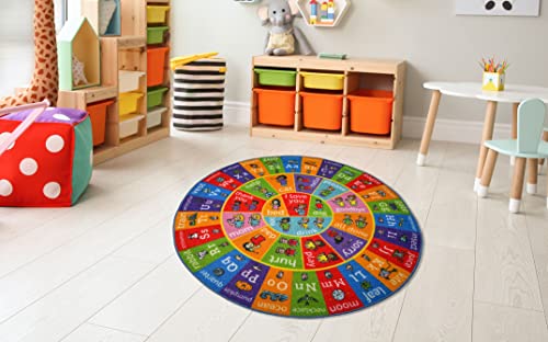 Kc Cubs Abc Alphabet Asl Sign Language Educational Learning & Fun Game Play Area Non Slip Boy & Girl Kids Rug Carpet For Children Bedroom, Toddler Classroom & Baby Playroom Mat, 3' 3" X 3' 3" Round #TOP1