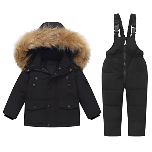Amissz Doudoune Bébé Filles Combinaisons de Neige Fille Veste de Duvet à Capuche et Pantalons de Filles 2 Pièces Hiver Vêtements Ensemble de Chauffante Ski pour 2-6 Ans (Noir, 5-6 ans) Cover