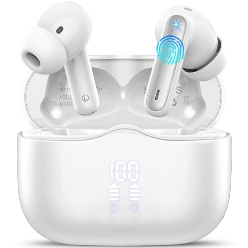 Wireless Earbuds, 2026 Bluetooth 5.4 Headphones in Ear with HiFi Stereo, Bluetooth Earphones with 4 ENC Noise Cancelling Mic, 40H Playtime, LED Display, IP7 Waterproof Bluetooth Earbuds, USB-C, White