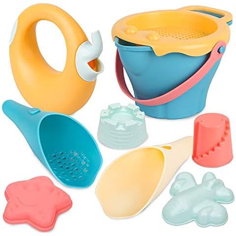 Sanlebi 9 PCS Beach Toys for Kids Play Sand with Bucket, Castle Moulds Summer Beach Games for Toddlers Children Cover