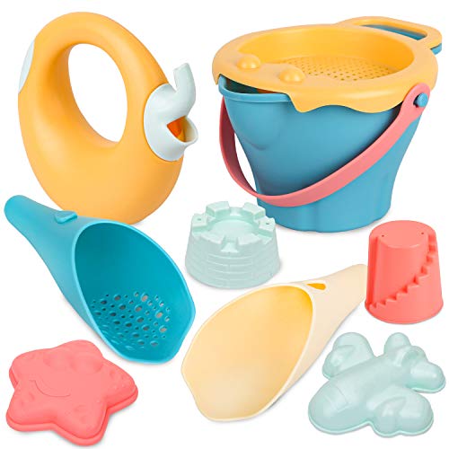 Sanlebi 9 Stück Spielzeug Strand Kinder Sandspielzeug mit Eimer, Sandförmchen, Netztasche Weichem Kunststoff Strandspielzeug für Jungen Mädchen Cover