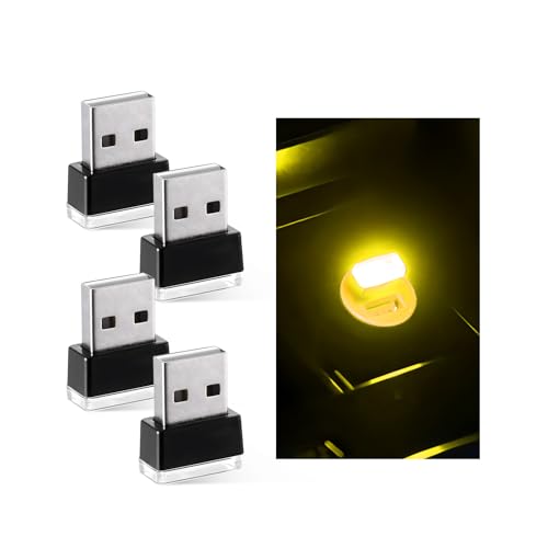 Sun Walker 4 PCS USB LED Car Interior Atmosphere Lamp, Plug-in USB Interface Trunk Ambient Light LED Decoration, Mini Portable Interior Night Lighting Kit for Most Vehicles (Yellow)