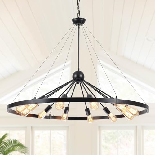 Black 8-Light Wagon Wheel Chandelier – 26 Inch Farmhouse Fixture For Dining Room, Kitchen, Porch
