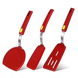 Hvanam Silicone Spatula Turner Heat Resistant 600°F 3 Piece Set Non Scratch Flexible Slotted and Solid Thin Rubber Spatula Flipper for Cooking Pancake,Egg,Fish,Burger,Steak for Nonstick Cookware,Red