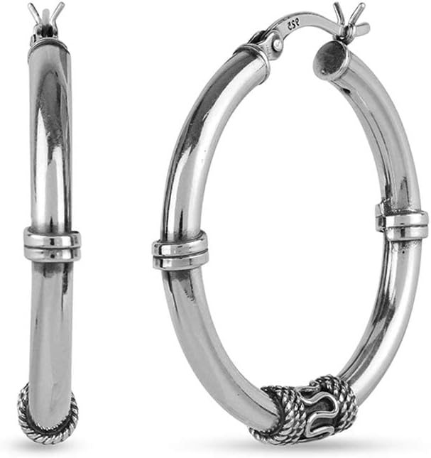 LeCalla 925 Sterling Silver Bali Hoop Earrings for Women | Antique Balinese Beaded Hoop Earrings | Balinese Rope Pattern Click-Top Hoops Earring | Two-Tone Bohemian Tribal Bali Hoop Earrings - Image 3