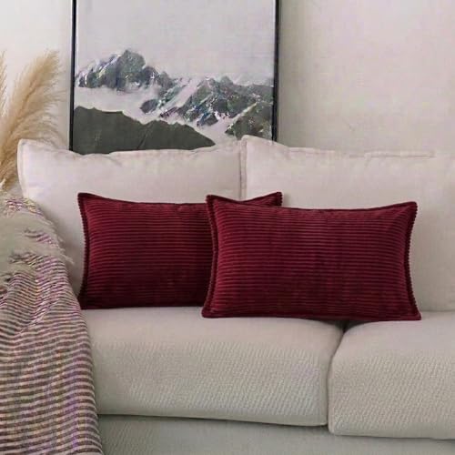 Image of RD TREND Corduroy Cushion Cover Set of 2, Striped Double Sided Decorative Throw Pillowcases for Sofa, Bed & Living Room Rectangular Long Cushion Covers 18x28 inches | Maroon