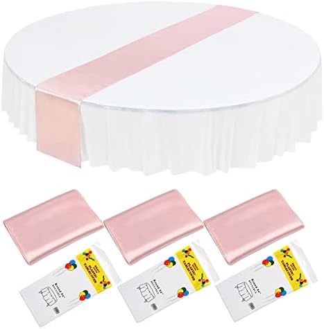 3 Pack Satin Table Runner Silver 12x108 Inch and 3 Disposable Plastic Tablecloths Waterproof Table Cover 54 x 108 Inch Rectangle Table Cloths for Party Decoration Thanksgiving Wedding Anniversary