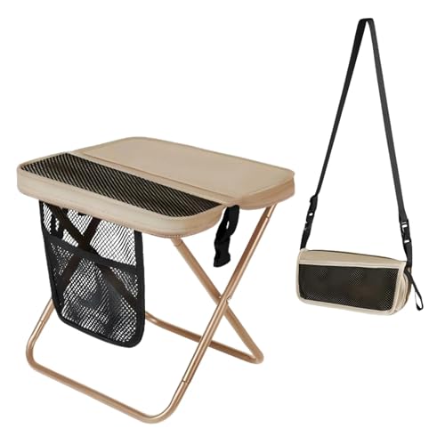 Image of Portable Folding Stool - 12 inch Tall Collapsible Backpack Stool with Storage Pouch, Hands-Free Carry & Supports 300 lbs, Ultralight for Hiking, Fishing, Camping, Festivals (Khaki, Standard)