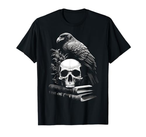Raven Bird, Skull And Books Witchy Occult Academia Symbolism T-Shirt