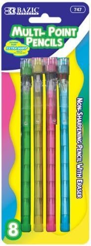 BAZIC Transparent Multi-Point Pencil. Non-Sharpening Pencil w/ Eraser (8/Pack)