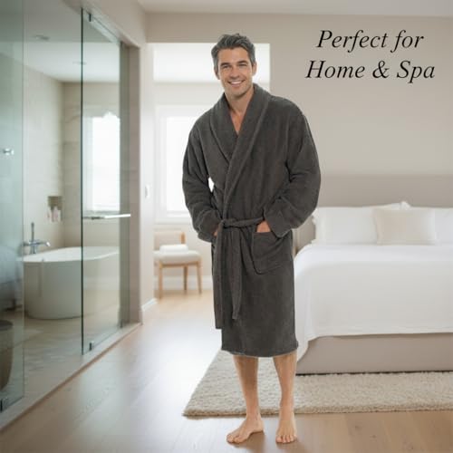 Insignia Men’S Pure 100% Cotton Terry Towelling Bathrobe (Uk, Alpha, M, Regular, Regular, Grey) - 4