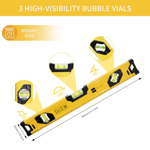 Image of Aluminium Alloy Spirit Level 400 mm /16 Inch Shock Proof Torpedo Level with Magnetic Base and 3 Bubble 45,90,180 - Yellow /Black