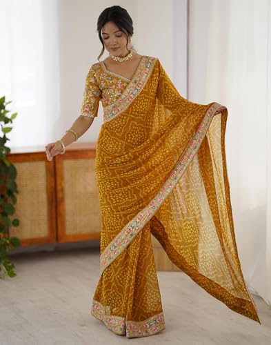 Image of SIRIL Women's Georgette Bandhani Printed Saree with Unstitched Blouse Piece