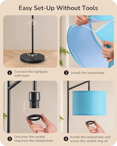 Image of EDISHINE Blue Floor Lamps for Living Room, 64.7 inch Modern Standing Lamp | 3 Color Temperatures, Bulb Included, Adjustable Linen Shade, Foot Switch, Weighted Base, Tall Light for Office, Bedroom