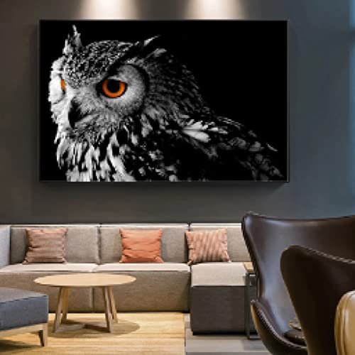 Peinture hibou noir et blanc toile mur art 70x100cm pour décoration salon moderne
