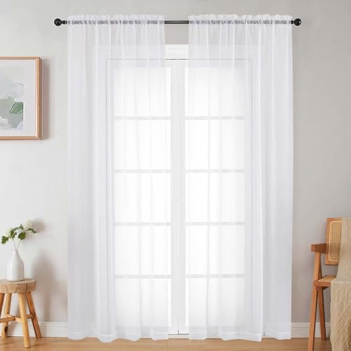 WelvetBLK Sheer White Curtains for Bedroom Living Room 90 Inches Long 2 Panels Set Soft Airy Light Filtering Sheer Window Treatments Modern Rod Pocket Curtains Drapes Each 42 Wx90 L Inch
