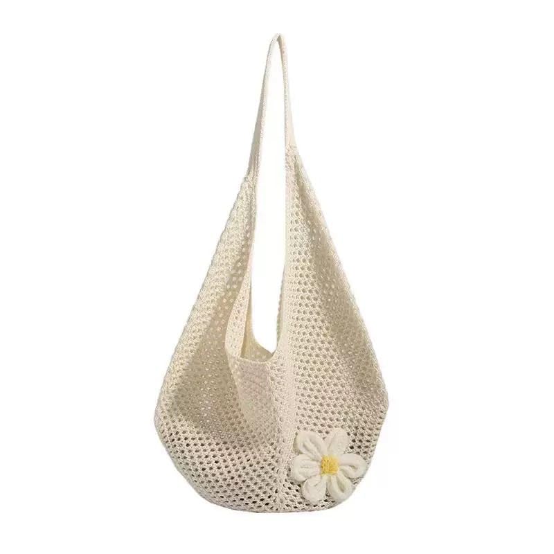 Boho Crochet Beach Bag for Women Large Mesh Knitted Shoulder Tote Lightweight Braided Handbag Foldable Summer Travel Bag for Beach Shopping Holiday Daily Use