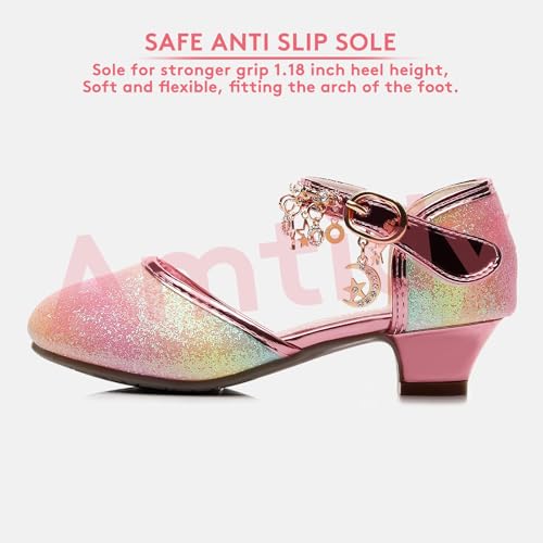 Image of Amtidy Girls Glitter Bow Low Heel Princess Shoes, Mary Jane Ankle Strap Dress Pumps for Wedding Birthday Party Performance