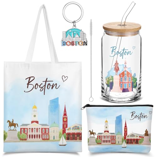 Chuangdi 4 Pcs Boston Souvenirs Gifts Set Travel Canvas Bag Cosmetic Bag 16 oz Tumbler and Keychain Boston City for Christmas Traveler Friend Lover Sister Gifts